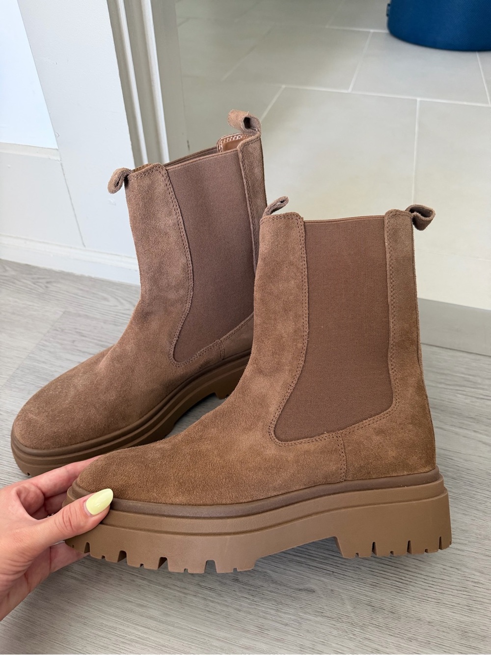 Zara Suede Chelsea Platform Boots — Taupe